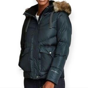 Eddie Bauer Lodge Cascadian Women's Black Down Puffer Jacket, Faux Fur Hood L
